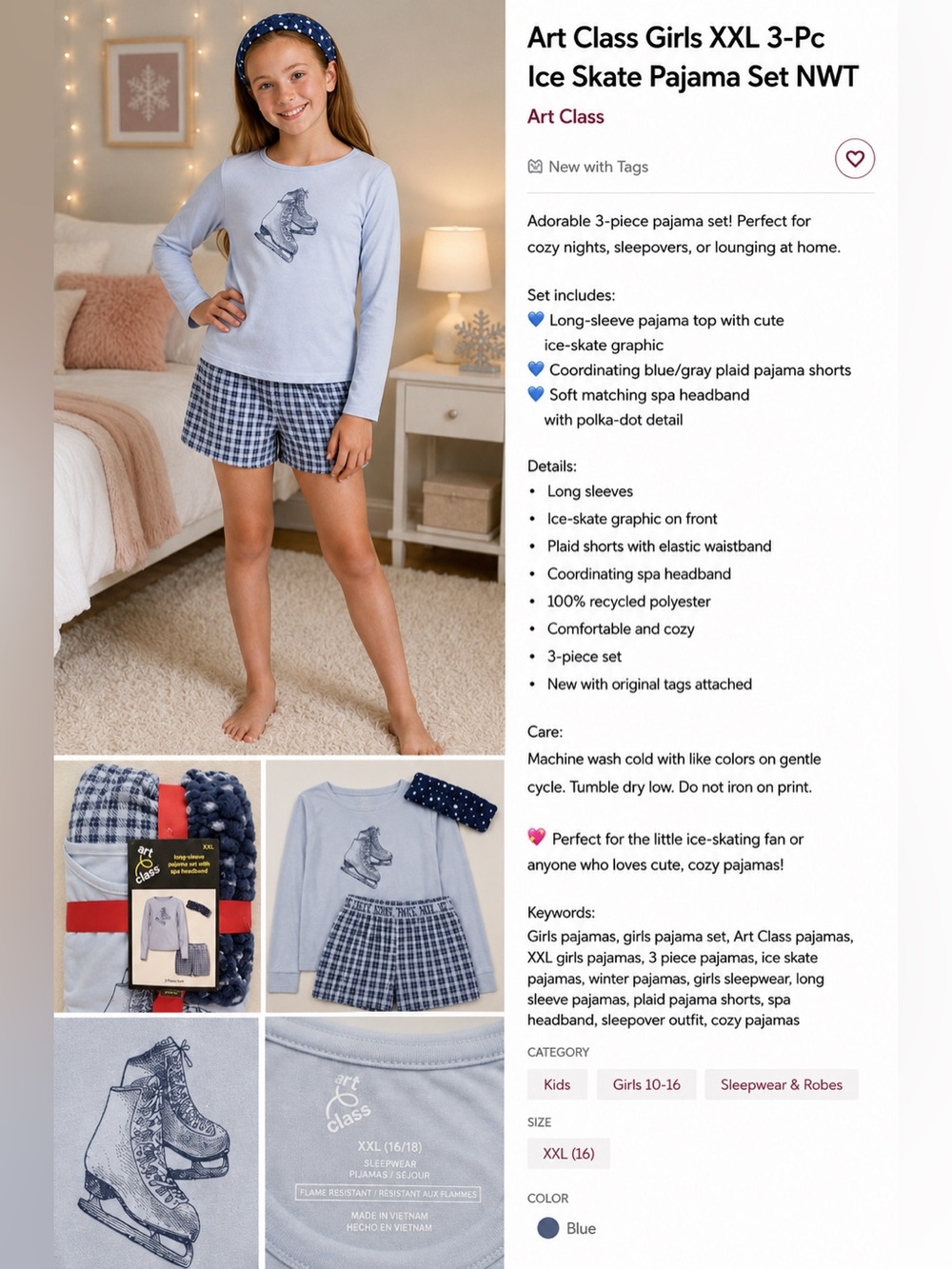 NWT Art Class™ Girls' 3 pc Long Sleeve Pajama Set with Spa Headband -